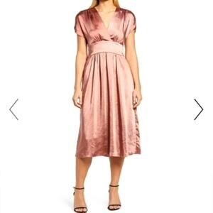 NWT Anne Klein Rose Satin V-Neck Dolman Sleeve Wrap Waist Tie Midi Dress
